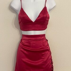 Fashion Nova Satin Red Spaghetti Strap
Top with Lace-up Mini Skirt Set